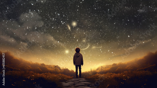child looks at the night sky