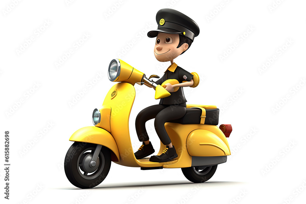 Generative AI illustration of a delivery man on a motorcycle with uniform and backgrounds of various colors Generative AI illustration of a delivery man on a motorcycle with uniform and backgrounds of various colors