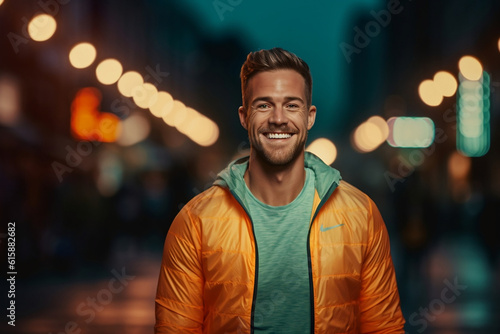 Man wearing sports outfit smiling in the city