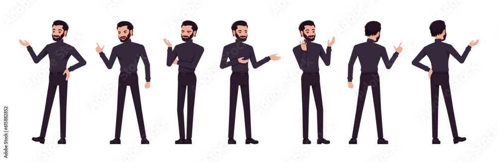 Business consultant professional male set, handsome latino man different talk, speech poses. Office worker, manager in black turtleneck. Vector flat style cartoon character isolated, white background