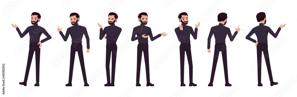 Business consultant professional male set, handsome latino man different talk, speech poses. Office worker, manager in black turtleneck. Vector flat style cartoon character isolated, white background Business consultant professional male set, handsome latino man different talk, speech poses. Office worker, manager in black turtleneck. Vector flat style cartoon character isolated, white background