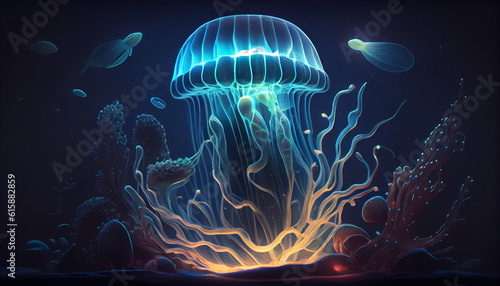 Bioluminescence. Blue, teal glowing jellyfish and underwater ocean marine life, algae. Light in the dark background landscape Ai generated image
