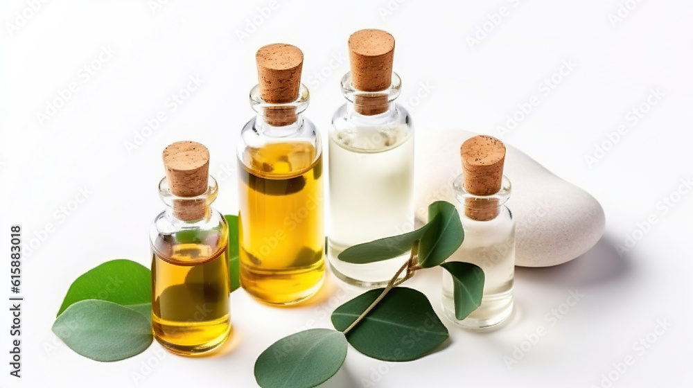 Bottles with cosmetic oil, eucalyptus branch and stones on white background, Generative AI Bottles with cosmetic oil, eucalyptus branch and stones on white background, Generative AI