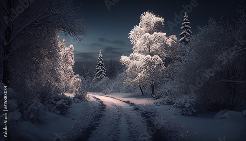  Snow covered winter wonderland and home. Icy snowflakes and Christmas lights. Wintery trees and snowy paths. Holiday background Ai generated image