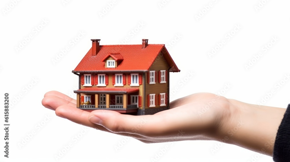 Hand holding a model house isolated on white background. Generative AI. Hand holding a model house isolated on white background. Generative AI.