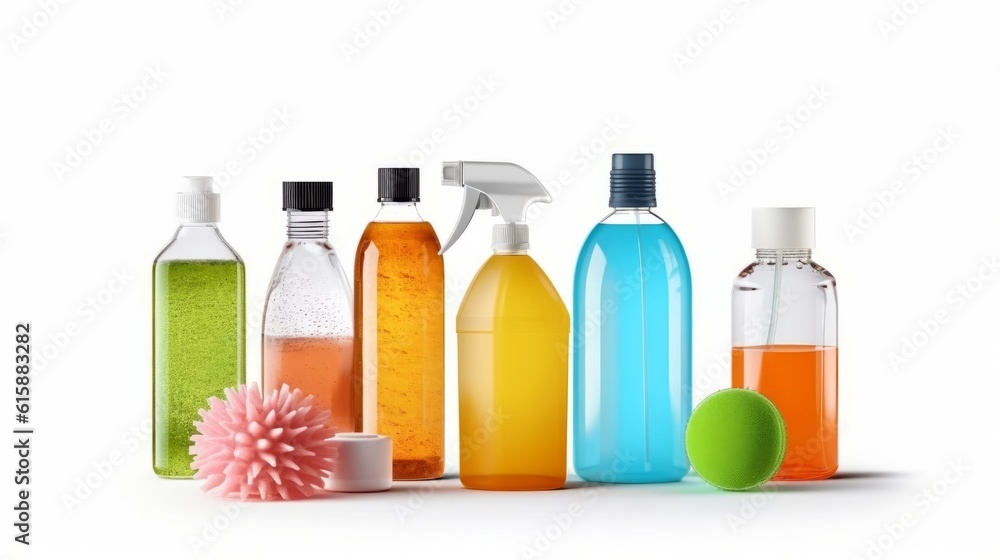 Disinfection and Cleaning Products isolated on white background. Generative AI. Disinfection and Cleaning Products isolated on white background. Generative AI.