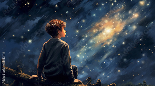 child looks at the night sky