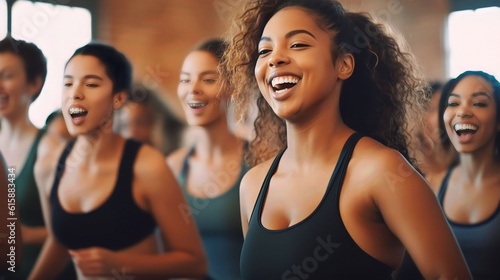 group of young women dancing together during a fitness class, Women body positivity and diversity, skin and weight, model in Fat, slim and collaboration