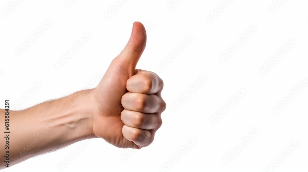 Hand showing thumbs up isolated on white background. Generative AI.