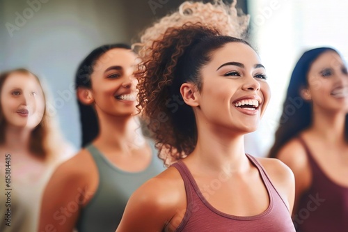 group of young women dancing together during a fitness class, Women body positivity and diversity, skin and weight, model in Fat, slim and collaboration