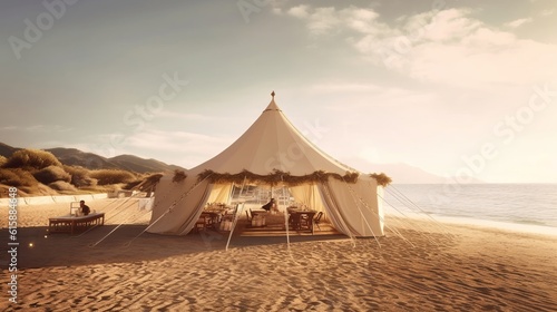 Destination wedding on the beach with a tent for guest. Generative AI.