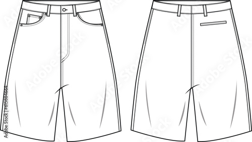 Mens wide leg chino shorts front and back view flat sketch fashion illustration