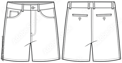 Men's chino shorts flat sketch fashion illustration with front and back view. Denim Shorts vector template