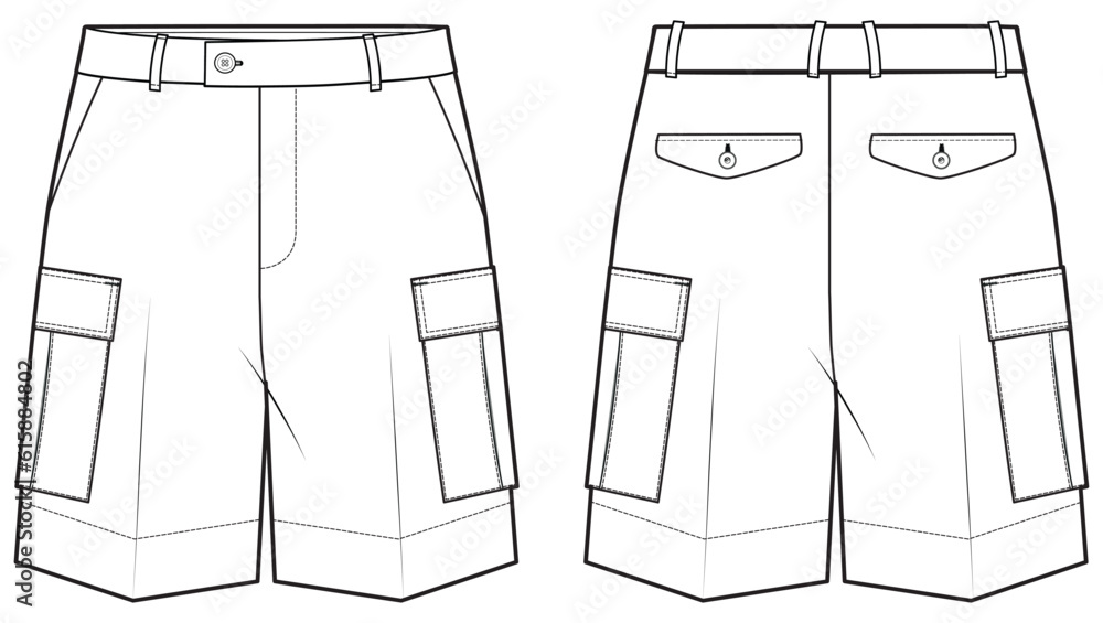 Men's Cargo shorts front and back view flat sketch fashion illustration