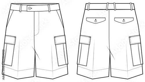Men's Cargo shorts front and back view flat sketch fashion illustration, Chino utility shorts with cargo pockets technical drawing vector template