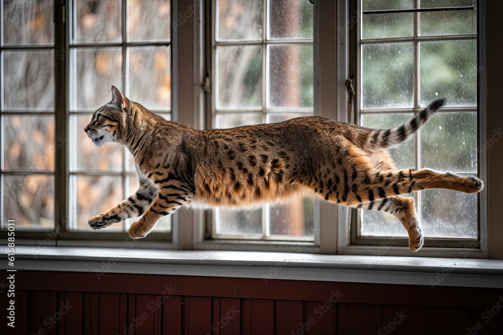 Obraz premium a cat that is jumping in the air with it's front paws on its hinds, looking out from a window