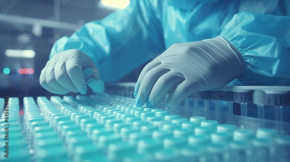 Hand with sanitary gloves check Medical vials on product. Generative AI. Hand with sanitary gloves check Medical vials on product. Generative AI.