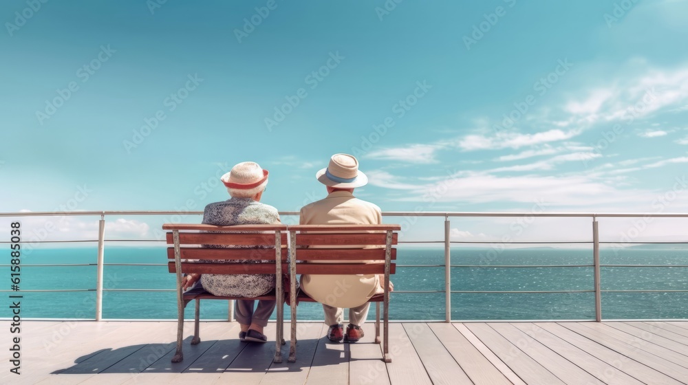 Happy seniors enjoying of retirement back view. Generative AI. Happy seniors enjoying of retirement back view. Generative AI.
