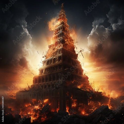  tower of babylon, fire, destruction, cinematic lighting - generative AI