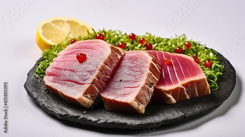 Exquisite Ahi Tuna Steak Slices Infused with Fresh Herbs. Generative AI