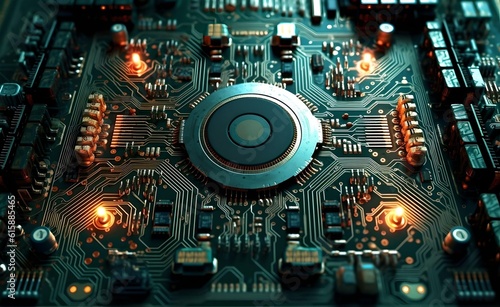 Realistic Circuit Board Sharp Details. Cyberspace Design. AI Machine Learning. Artificial intelligence. Generative AI.