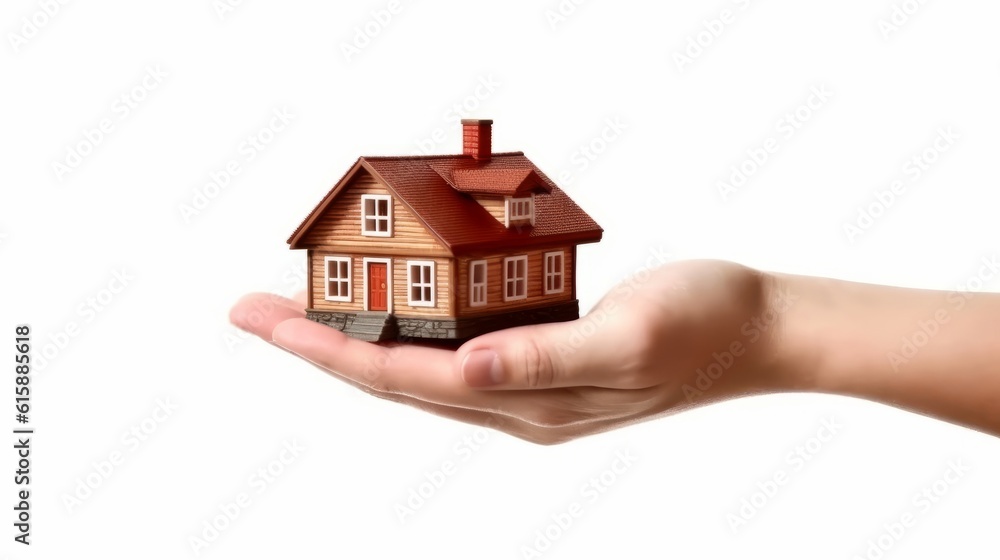 Hand holding a model house isolated on white background. Generative AI. Hand holding a model house isolated on white background. Generative AI.
