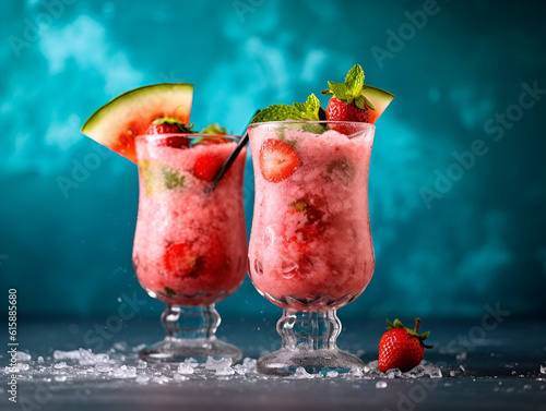 Two glasses of watermelon strawberry sorbet cocktail with crushed ice and mint leaf on turquoise blue background, copy space. Freshly blended strawberry and watermelon smoothie in high glasses. AI photo