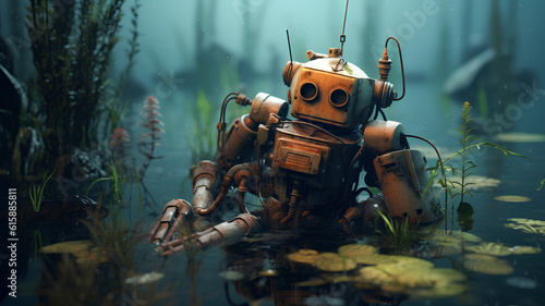 Broken old robot abandoned in nature under water. Pollution. AI