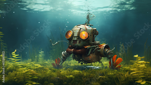 Broken old robot abandoned in nature under water. Pollution. AI