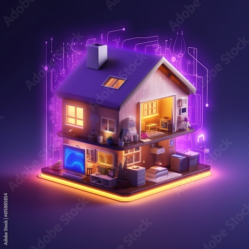 Smart home connected by devices. Modern home management solutions. Colorful icon in neon colors. Violet background with yellow elements.
