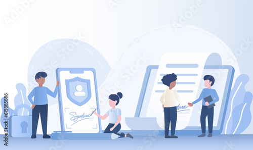 Online agreement and contract deal concept. Business transactions, electronic signature, signing contracts and deal through online platform. Flat vector design illustration.