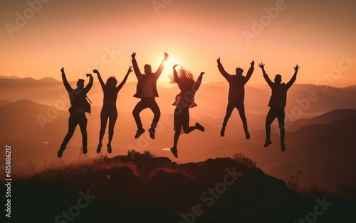 Groups of friends jumping on mountain with sunset in background, Generative Ai