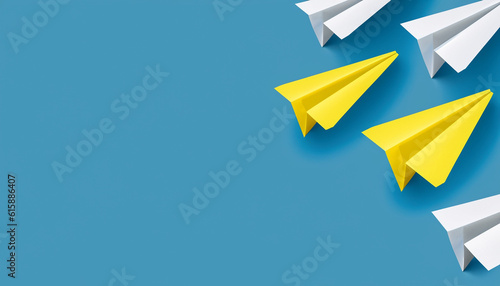 paper airplane origami leaving with other white airplanes on blue background
