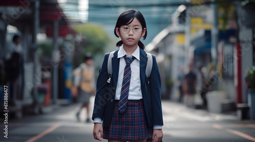 Asian student girl with backpack. Concept of back to school. AI generated