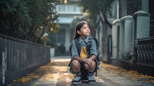 Asian student girl with backpack. Concept of back to school. AI generated