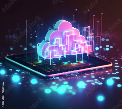 Cloud data storage, cloud computing and data transfer concept. AI generated