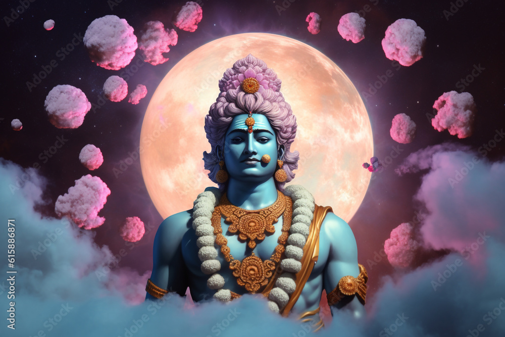 Culture and religious, states of mind concept. Hindu god Krishna and cloud ball surreal illustration. Generative AI