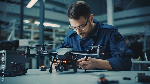 Engineer testing a military-grade drone in a laboratory, demonstrating innovation in defense technology and artificial intelligence. generative AI