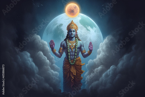 Culture and religious, states of mind concept. Hindu god Krishna and cloud ball surreal illustration. Generative AI photo