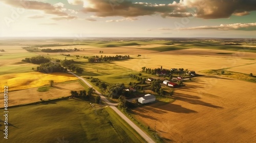 Aerial view of acres of farmland. Generative AI. © ProVector