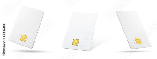 Plastic bank credit card templates. Blank credit chip card on white background for business and finance, digital technology payment mockup, online payment concept.