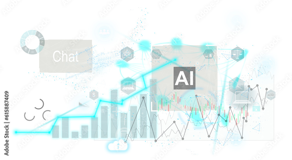 Immersive HUD digital marketing interface over blurry bright blue background. Concept of e commerce. 3d rendering toned image double exposure Immersive HUD digital marketing interface over blurry bright blue background. Concept of e commerce. 3d rendering toned image double exposure