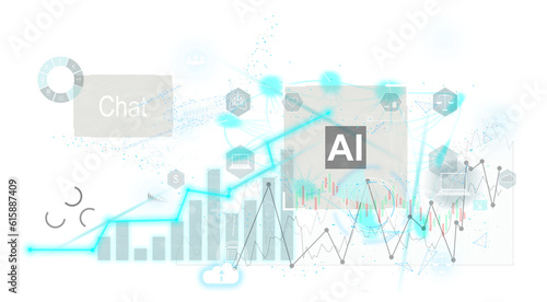 Immersive HUD digital marketing interface over blurry bright blue background. Concept of e commerce. 3d rendering toned image double exposure
