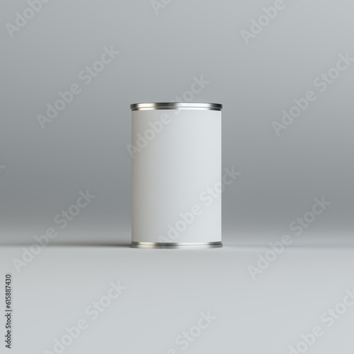 Metal tin can with white paper label on gray background. 3d illustration. Mockup template ready for your design