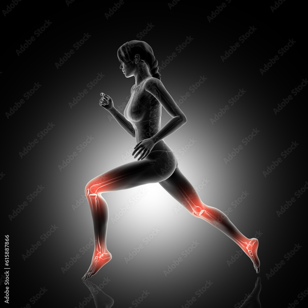 3D render of a female figure jogging with knee and ankle joints highlighted