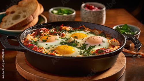 two eggs in a pan on a wooden table next to bread and other food items such as an egg dish