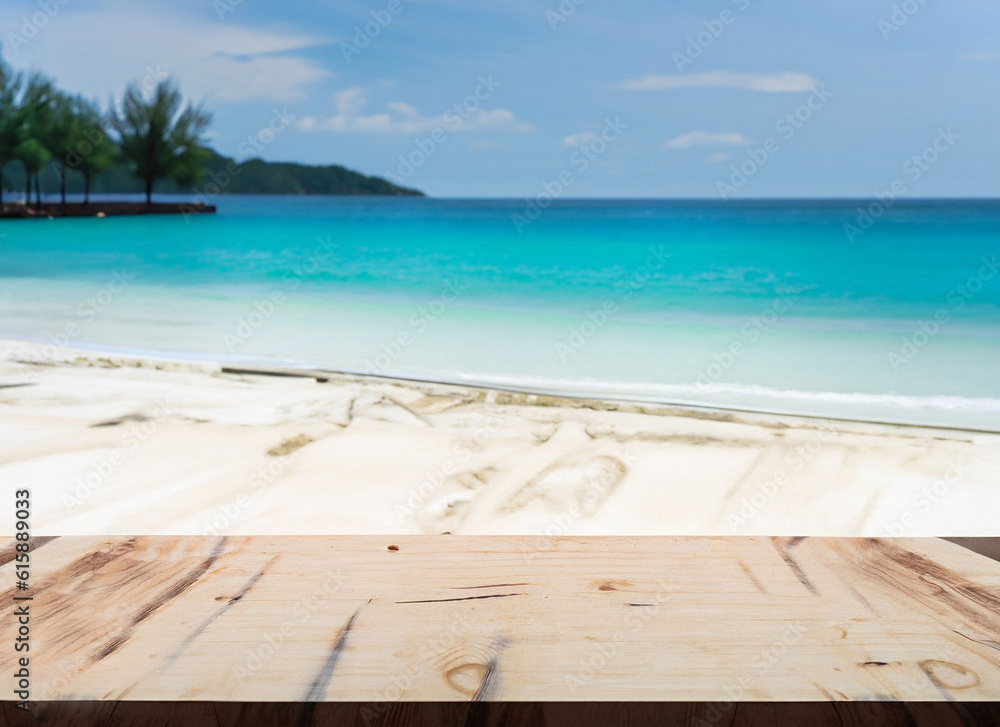 beach wood table or wood floor with sea landscape beach background for product display