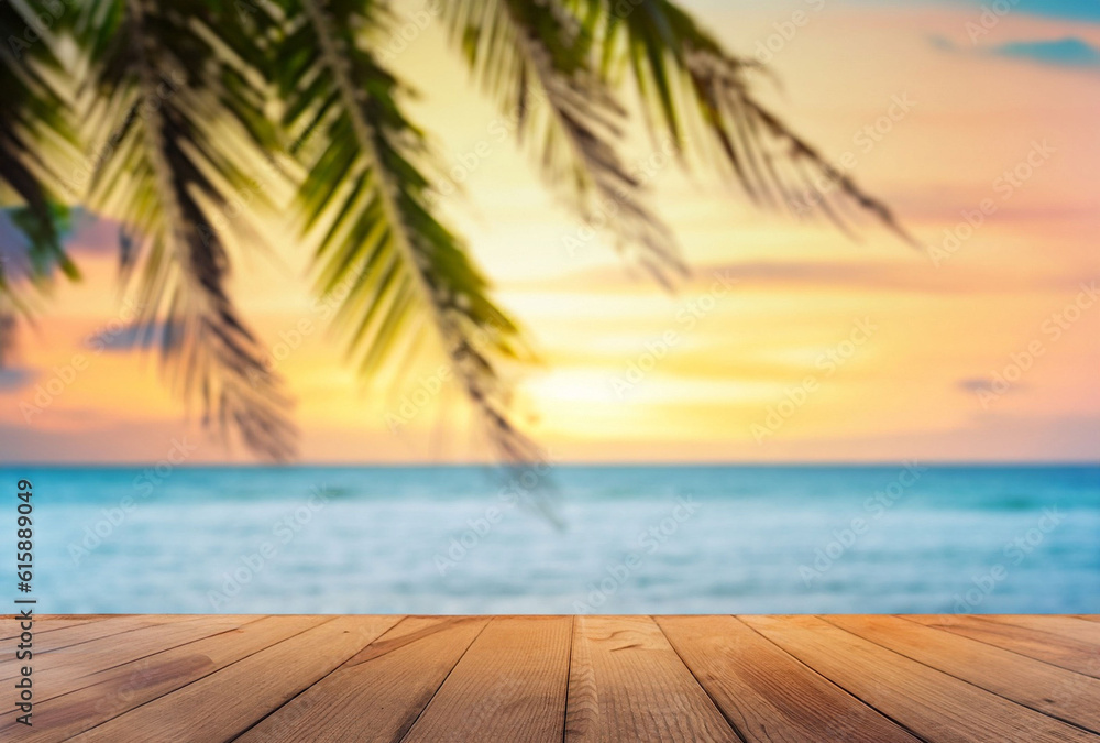 wood table with seascape, palm tree, calm sea and sky at tropical beach wood table with seascape, palm tree, calm sea and sky at tropical beach