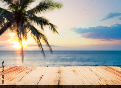 sunset on the beach wood table or wood floor with sea landscape beach background for product display