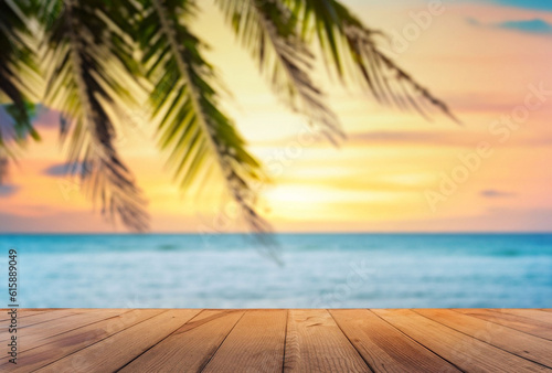wood table with seascape, palm tree, calm sea and sky at tropical beach